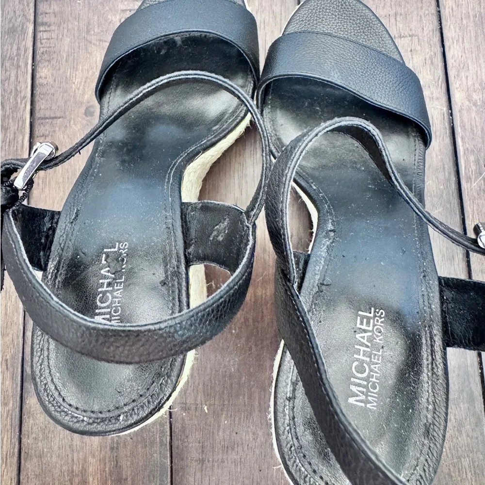 Michael Kors Womens Jill Black Leather Wedge Espadrille Sandals Shoes Size 8.5 M